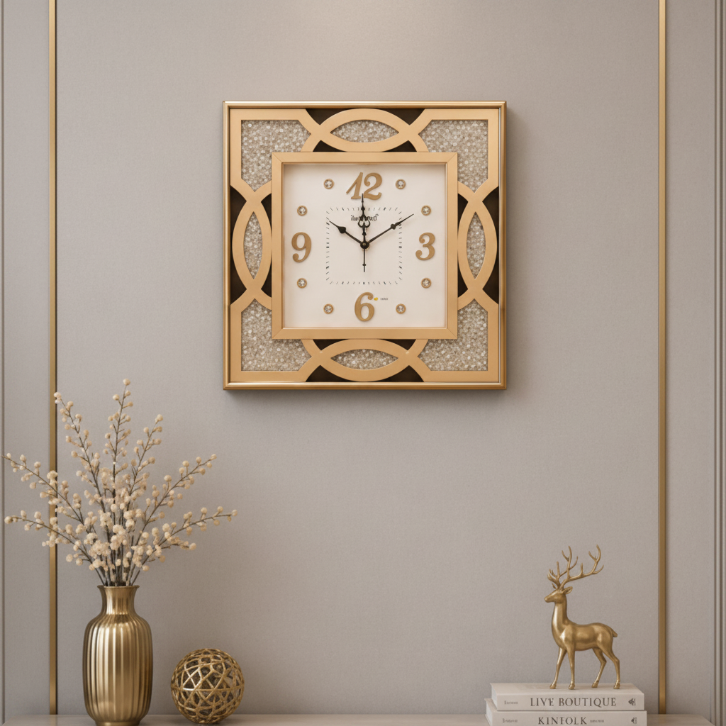 Decorative wall clock on a gray wall with a console table and decorative items.